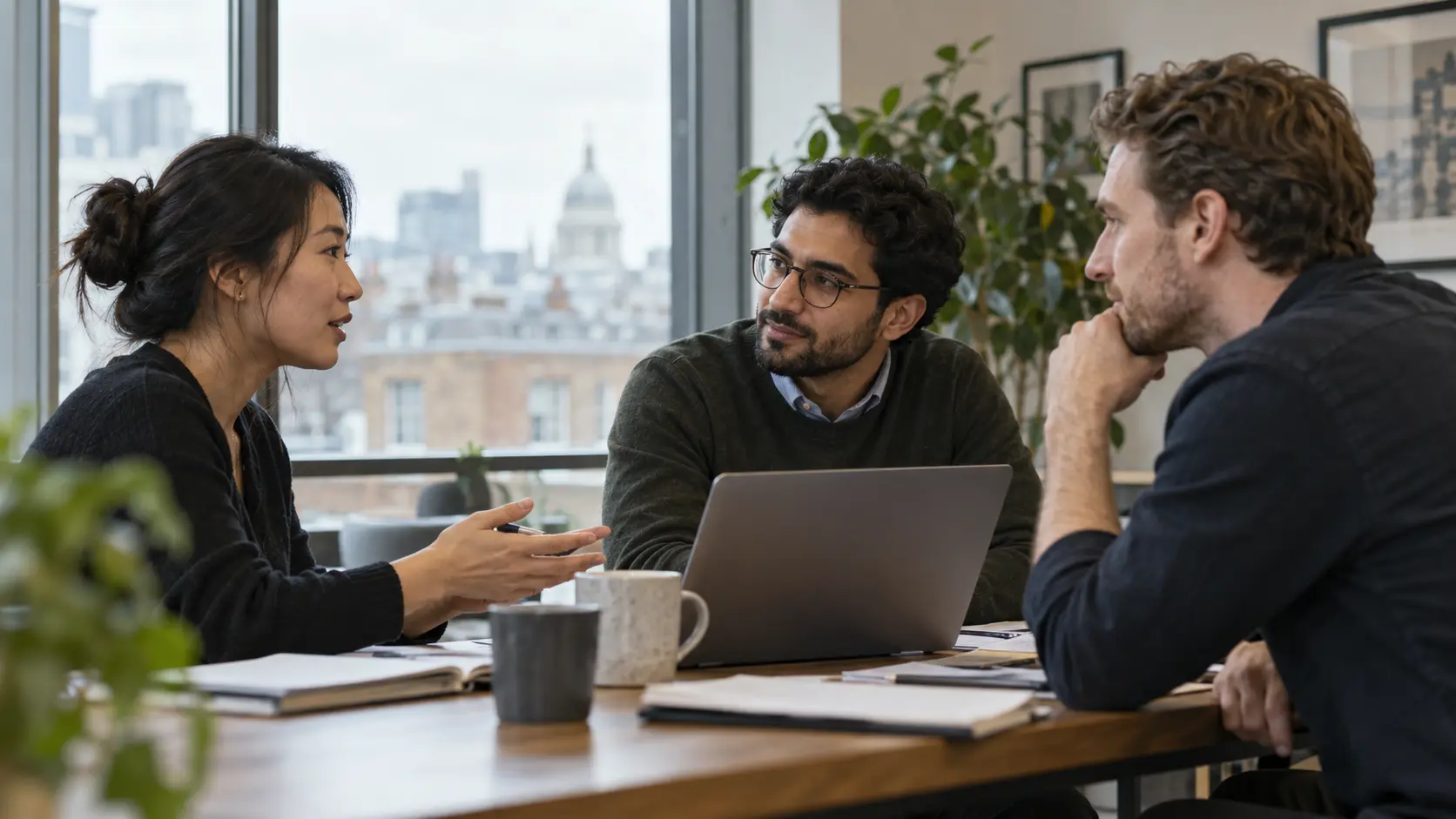International colleagues discussing a project in a UK office