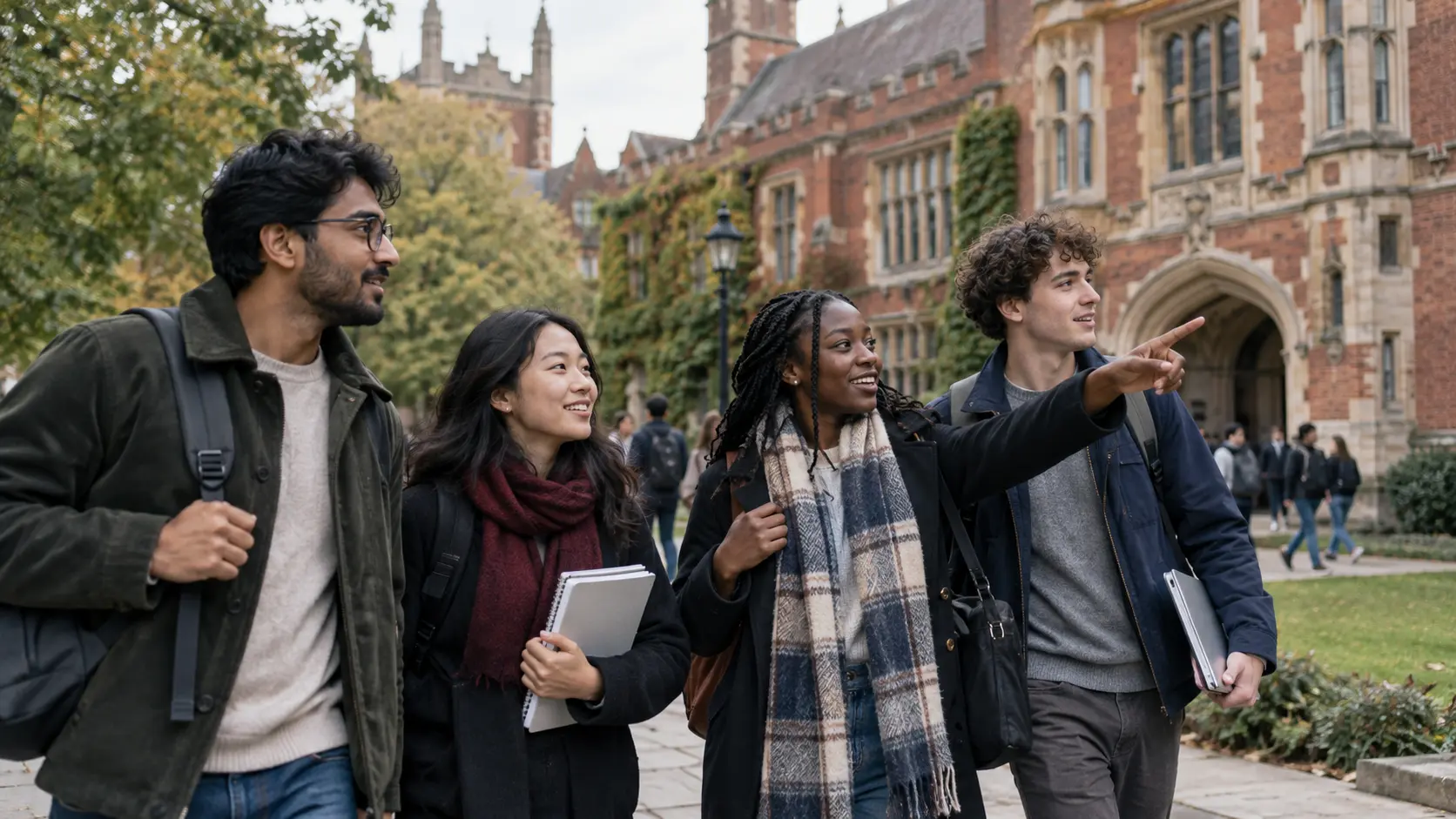 International postgraduate students arriving together at a British university campus