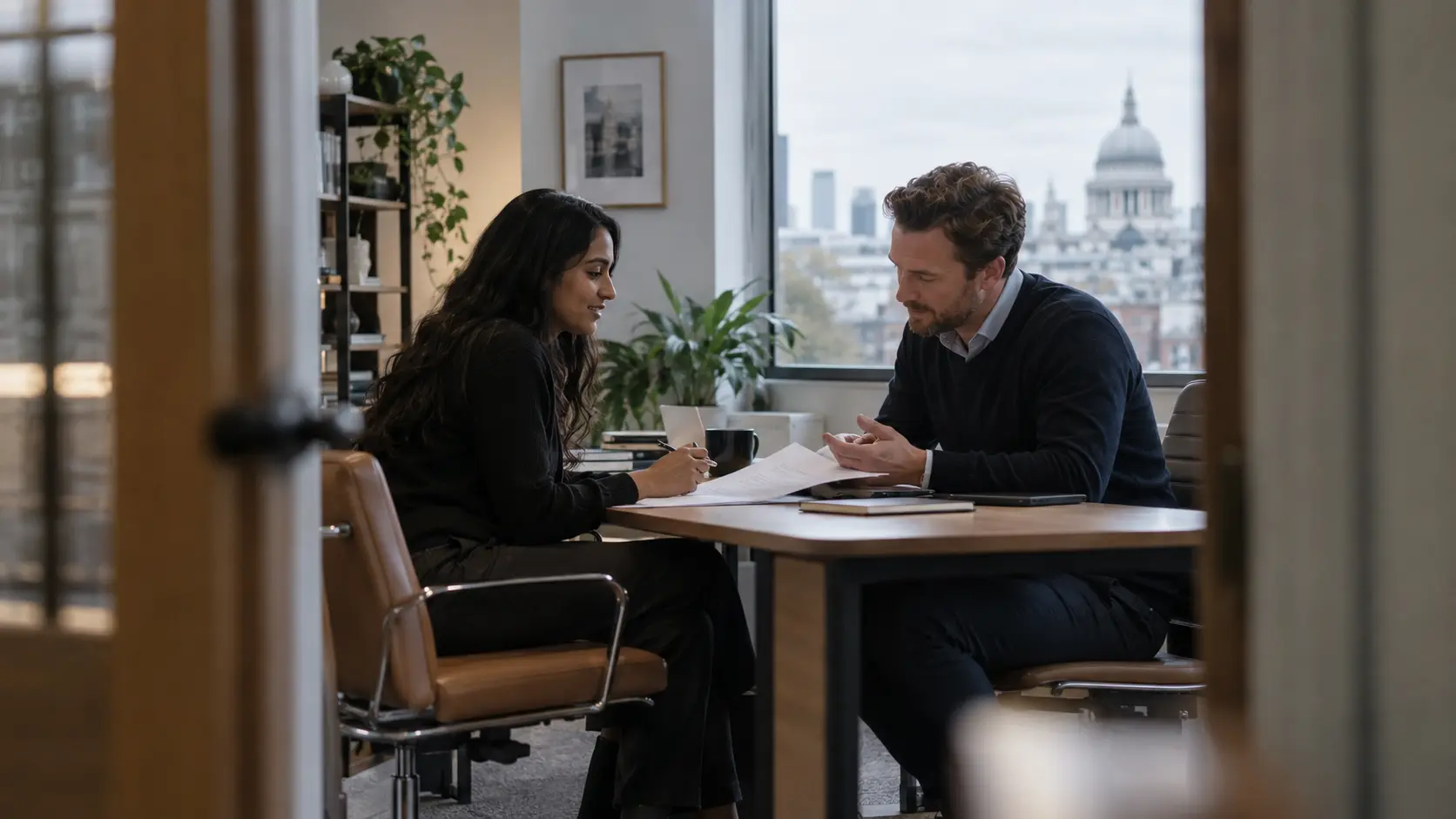 An international professional discussing a job offer with a UK hiring manager