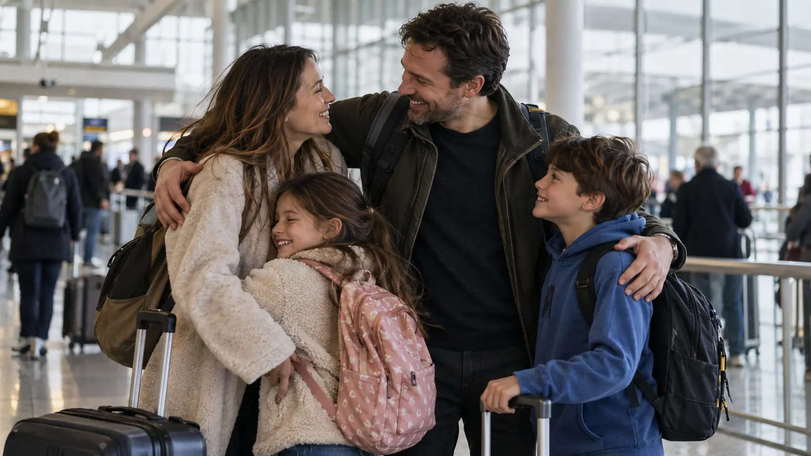 A parent welcoming their partner and children at an airport arrivals hall