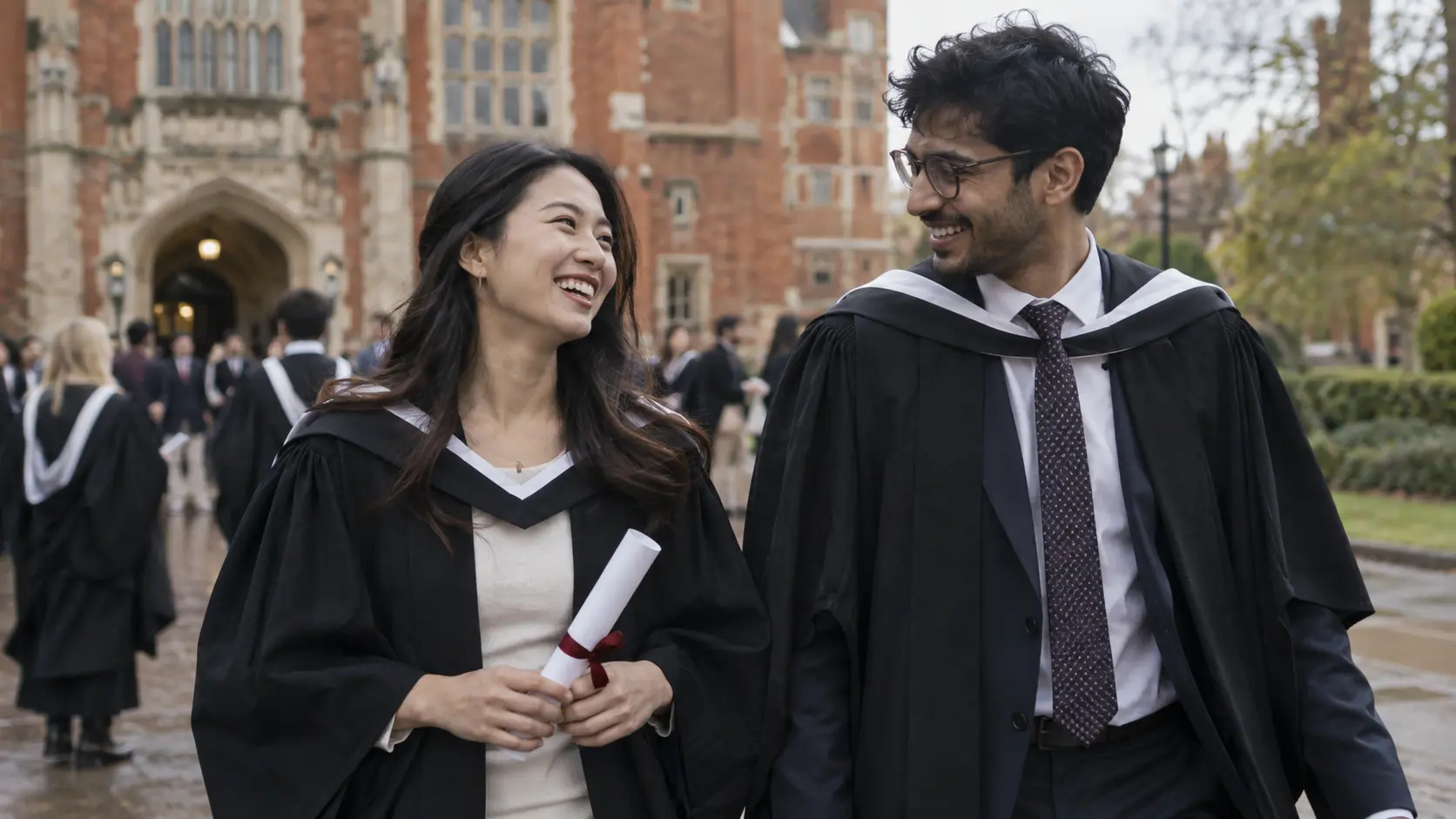 Two international graduates talking after a university graduation ceremony