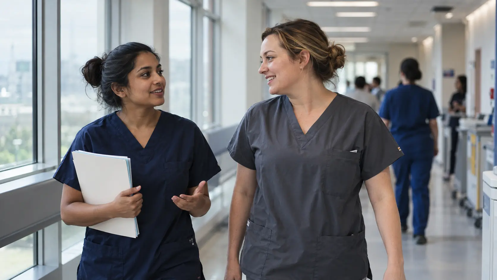 Two healthcare professionals talking during an orientation at work