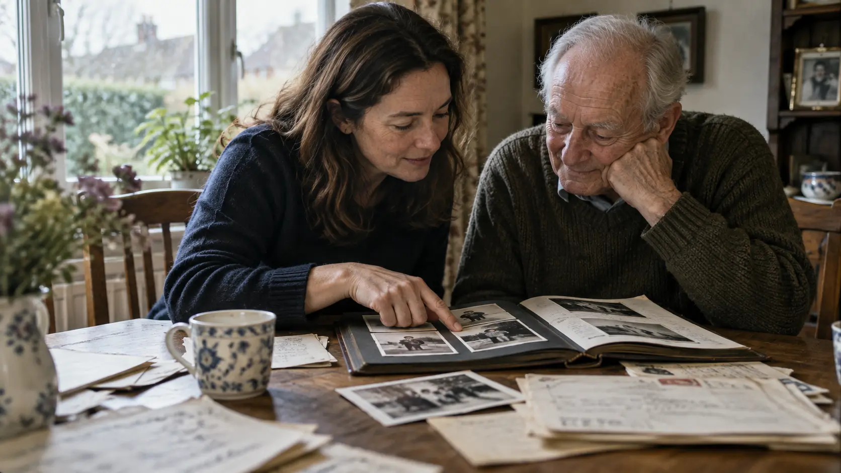 An adult daughter and her father looking through family photographs and records